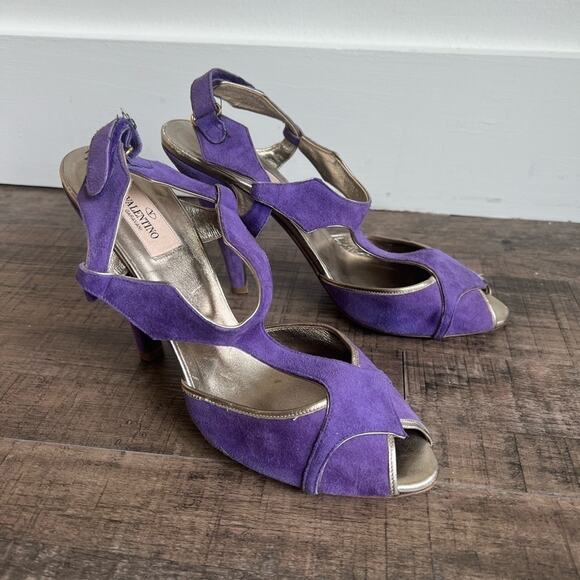 VALENTINO VINTAGE SUEDE HEEL PURPLE GOLD STRAPPY PEEP TOE SIZE 41 - Picture 5 of 11